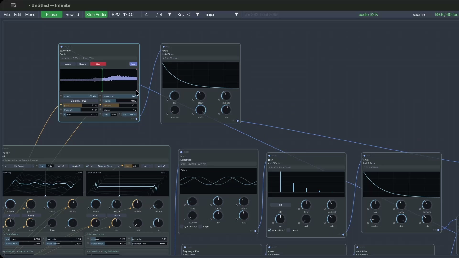 Audio workstation and synth nodes layout