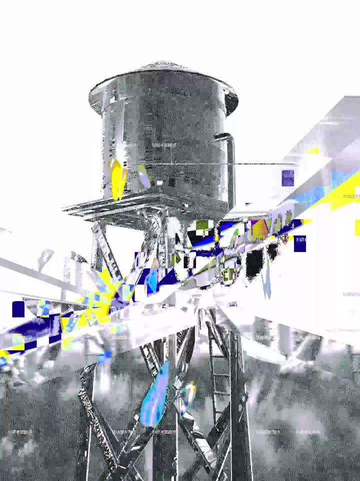 Infinite artwork 1: a glitched water tower in a pastel landscape