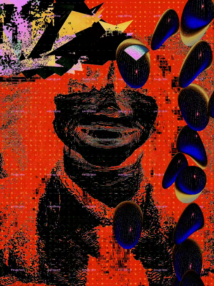 Infinite artwork 7: a red halftone face with blue beads
