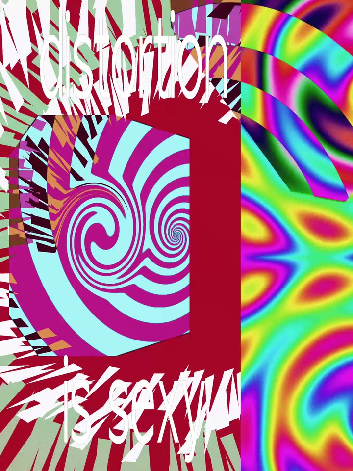 Infinite artwork 9: a rainbow spiral with the words distortion is sexy