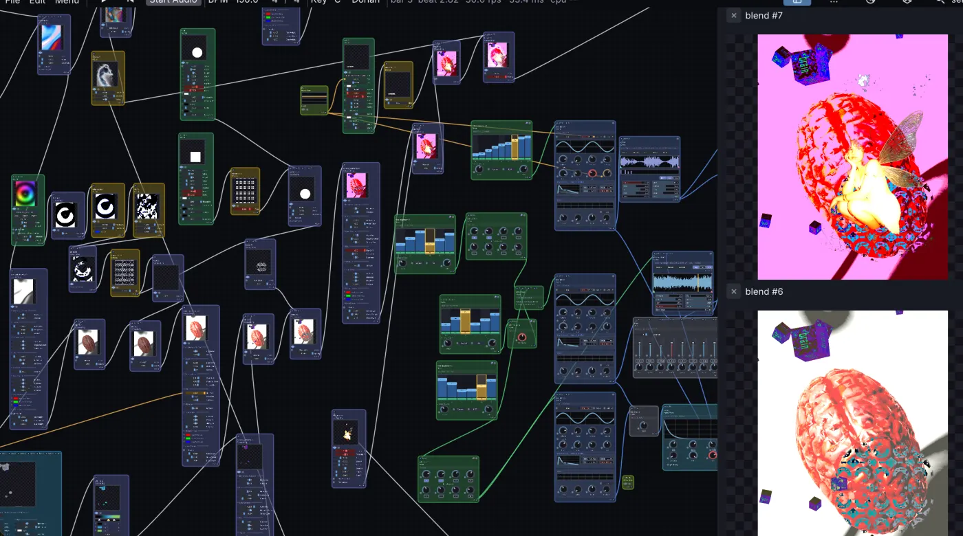 The Infinite canvas: visual nodes on the left, synths, sequencers and a mixer on the right, live previews in the side panel